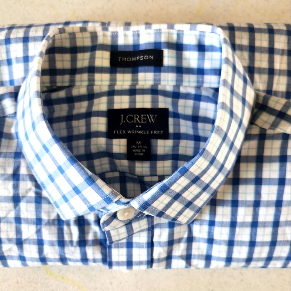 J. Crew Button Down Shirt Men's Medium Blue Plaid Long Sleeve Flex Wrinkle Free